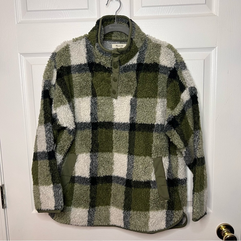 Madewell Green White Plaid Sherpa Quarter Snaps Pullover Jacket Size Small Guc